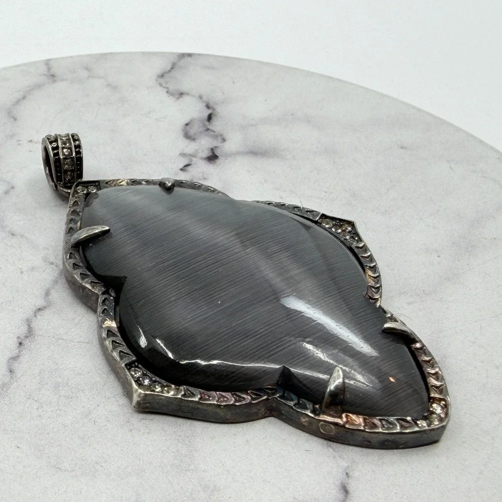 Gray Cat Eye Glass Cabochon Silver Tone Rhinestone Gothic Pendant Statement